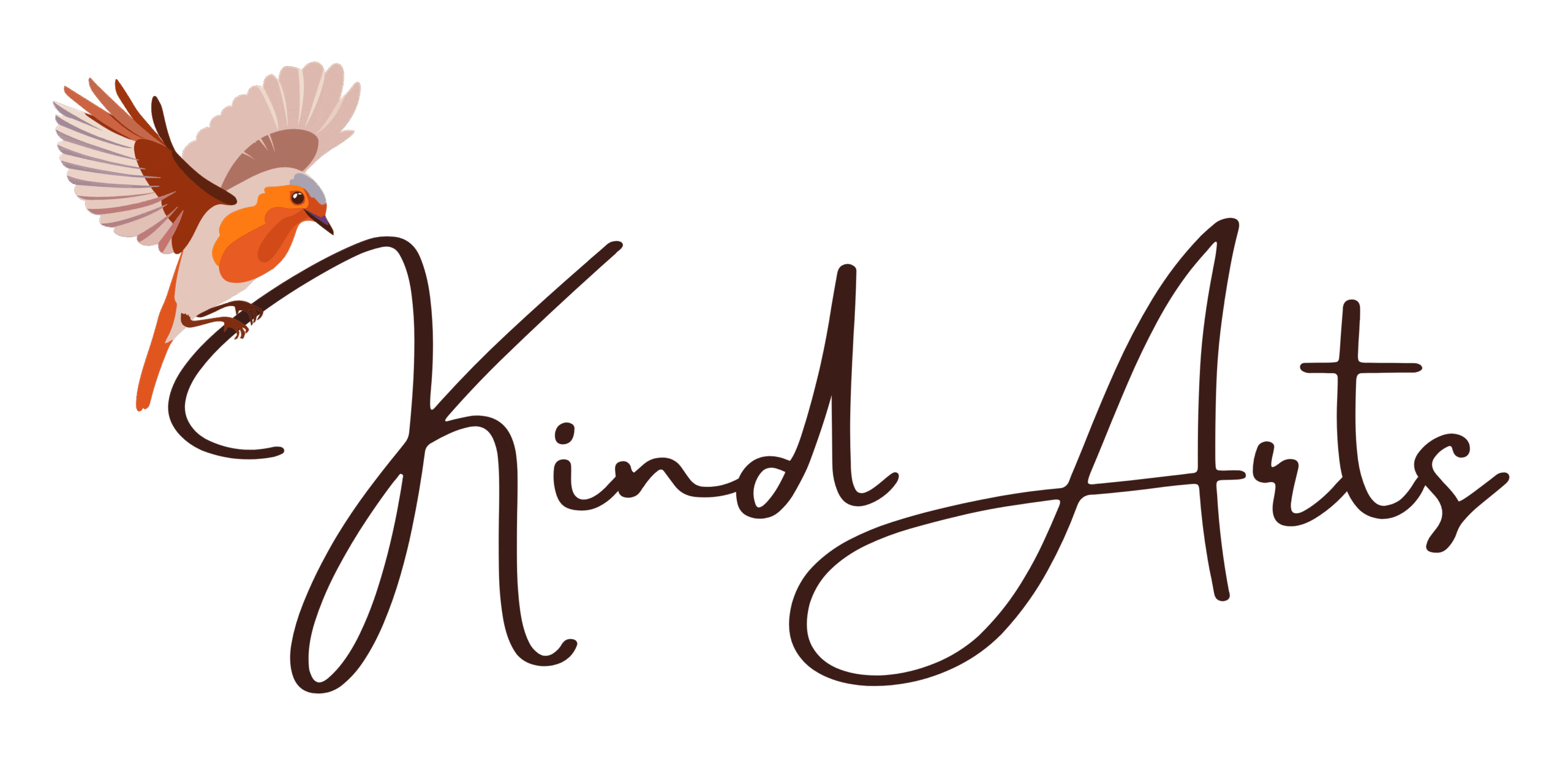 Das Logo von Kind Arts, ein handgeschriebener Schriftzug, auf dem großen K sitzt ein Rotkehlchen im Landeanflug